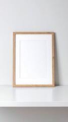 A stylish white frame elegantly rests atop a wooden shelf, showcasing its minimalist design against a backdrop of soft, neutral-colored walls.