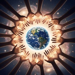 Glowing hands encircling Earth, symbolizing unity, connection, and global collaboration.