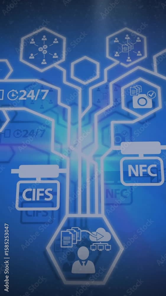 Poster network connections and data processing animation over blue background with icons