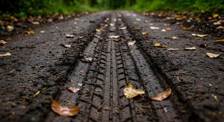 Obraz premium Tire tracks are imprinted in the muddy ground of a forest path, with scattered leaves adding texture.