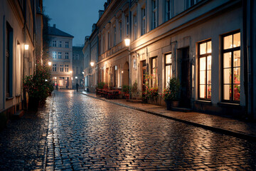 Charming Cobblestone Street at Dusk with Lights