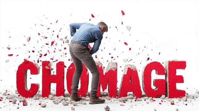 Un sans-abri d&eacute;truit au marteau les lettres rouges " CH&Ocirc;MAGE " en b&eacute;ton, projetant des d&eacute;bris