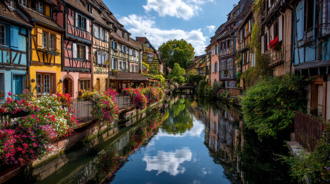 Fototapeta The historic streets of Colmarâ€™s Little Venice gleam with vividly decorated medieval facades, creating a storybook European scene