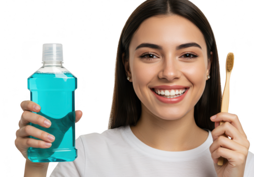 A smiling young woman holds a bottle of blue mouthwash and a toothbrush, isolated on a transparent background - Powered by Adobe