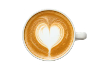 Fototapete A topdown view of a white cup filled with latte coffee, featuring a heart shape made from foam, isolated on a transparent background © stock.metket.com