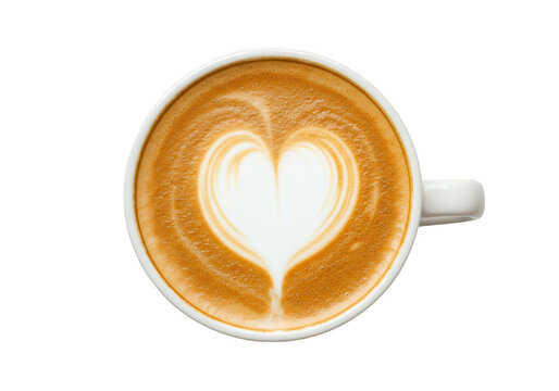 A topdown view of a white cup filled with latte coffee, featuring a heart shape made from foam, isolated on a transparent background