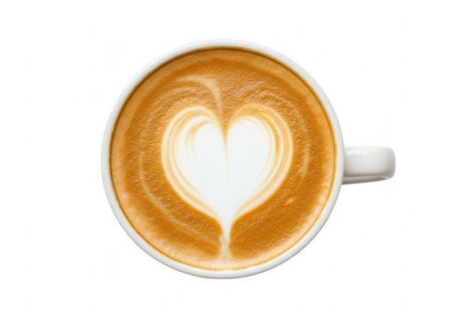 A topdown view of a white cup filled with latte coffee, featuring a heart shape made from foam, isolated on a transparent background