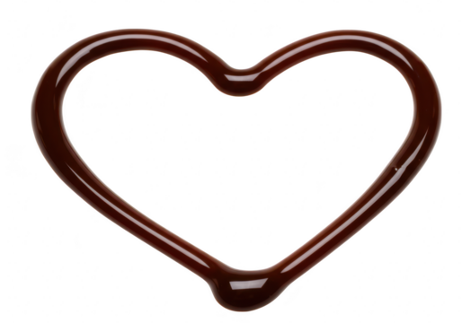A heart shape outline made from dark chocolate sauce, isolated on a transparent background