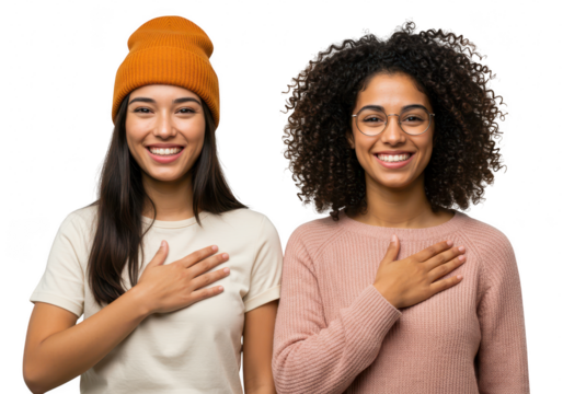 Two happy women with hands on their chests, smiling warmly at the camera, isolated on white isolated on transparent background