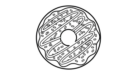 Detailed line drawing of a frosted donut adorned with swirls and sprinkles for creative projects