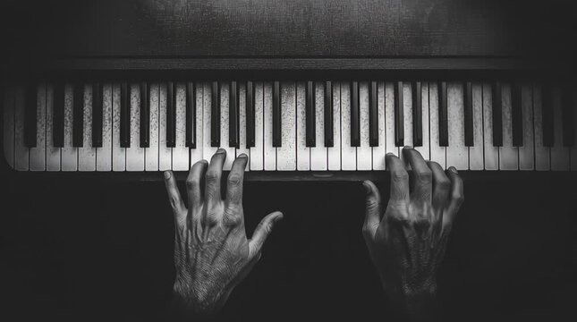 top down view of hands in black and white ,playing piano