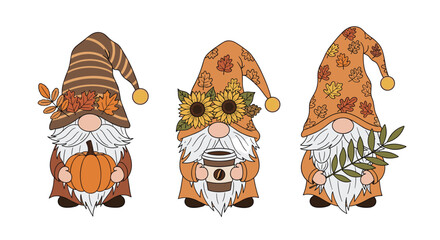 Adorable autumn gnomes collection holding pumpkins coffee and fall leaves decorations