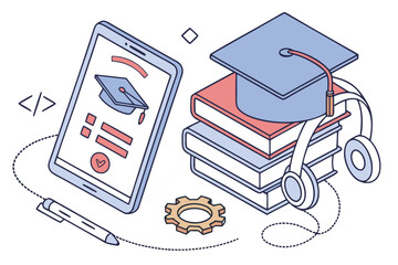 Illustration of online education with tablet, books, graduation cap and headphones concept art