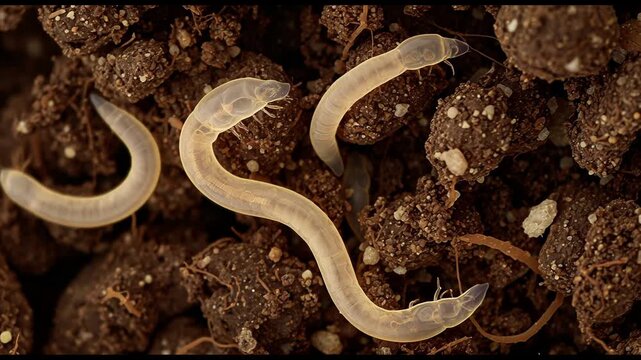 Microscopic view of nematode worms wriggling through moist soil particles, with translucent bodies and visible internal organs