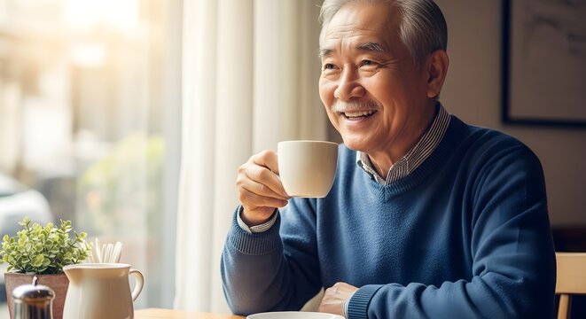 Happy Senior Man Enjoying Coffee by Window in Cafe