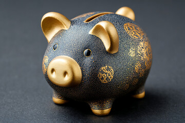Unique Black and Gold Piggy Bank Designed With Intricate Patterns for Saving Money or Decoration