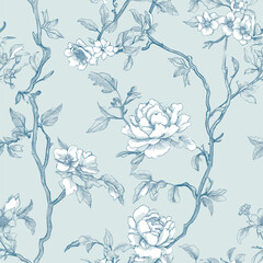 Floral Blue Chinoiserie. Toile De Jouy Vintage Seamless Pattern 06 Elegant Vector Graphics. Featuring delicate florals, graceful birds, and romantic motifs, this seamless pattern is crafted to perfect