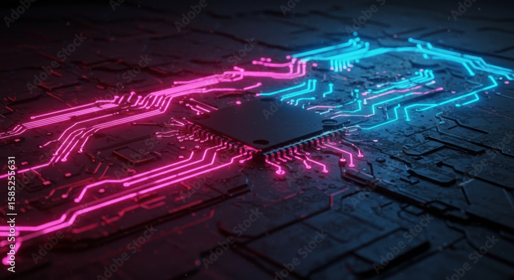 Poster close up view of a central processing unit with glowing pink and blue circuits on a dark motherboard