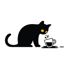 Black cat knocking over a cup of coffee simple illustration