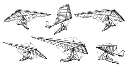 Six different illustrations of a trike aircraft flying and maneuvering