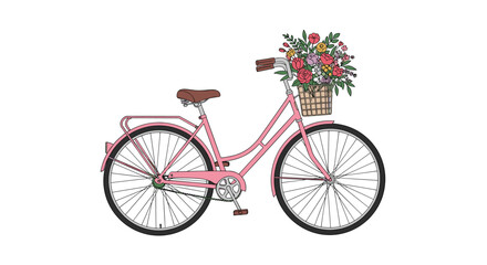Fototapeta premium Charming pink bicycle with a woven basket full of beautiful vibrant flowers showcasing a delightful vintage design
