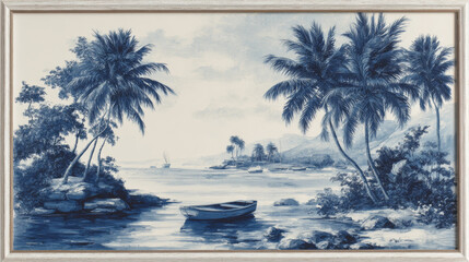 This elegant collection of blue-and-white framed artwork features tropical scenes--palm trees, waves, boats--perfect for chic coastal decor