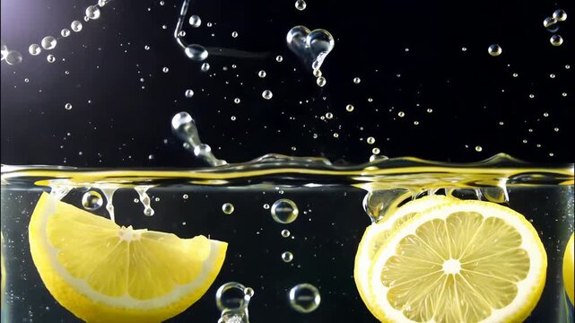 Refreshing lemons drop into cool water with splash effect and floating slices for a citrus beverage