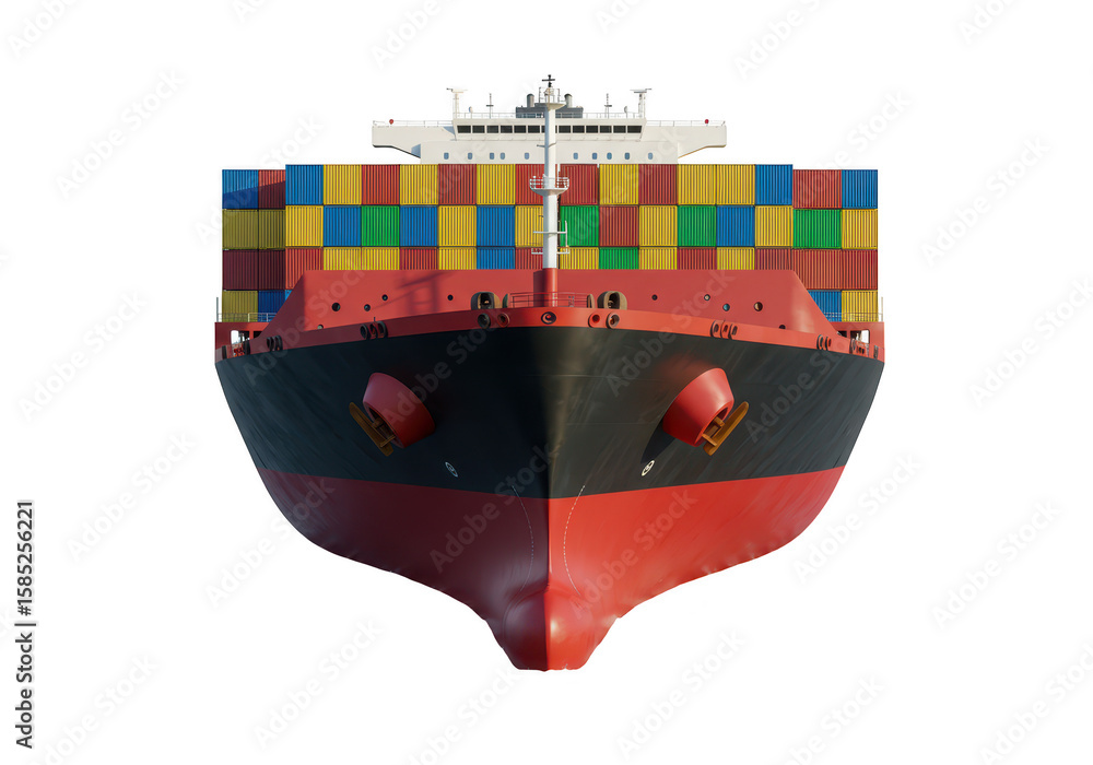 Poster front view of a large container cargo ship loaded with colorful containers, isolated on white isolat