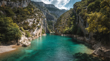 Obraz premium Turquoise waters shimmer at Lake Sainte Croixâ€™s entrance to Verdon Gorge, framed by cliffs and greenery in southern France
