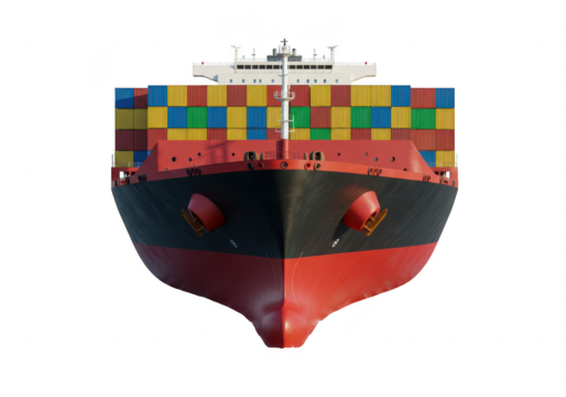 Front view of a large container cargo ship loaded with colorful containers, isolated on white isolated on transparent background