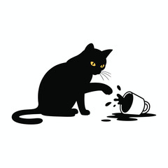 Mischievous black cat spills coffee cup illustration on white background © tarek