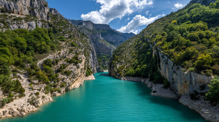 Turquoise waters shimmer at Lake Sainte Croixâ€™s entrance to Verdon Gorge, framed by cliffs and greenery in southern France