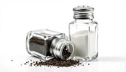 A close-up of two classic glass shakers, one filled with black pepper and the other with white salt