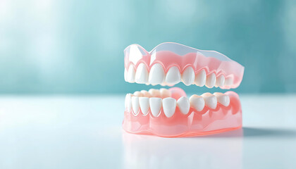 A set of upper and lower dentures, featuring realistic pink gums and bright white teeth