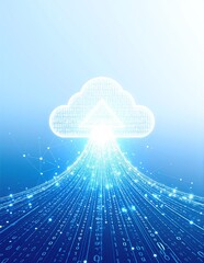 A visually striking cloud computing concept featuring a vibrant cloud filled with flowing binary code, symbolizing data transfer and digital innovation.