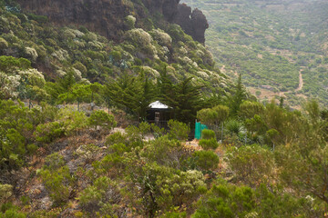 Shaded shelter and hillside trail in Teno