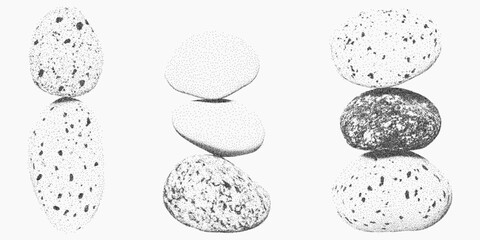 The rocks stacked on top of each other. Classic stipple graphic with vintage halftone dot shading, raw paper photocopy grain and threshold, grunge collage.