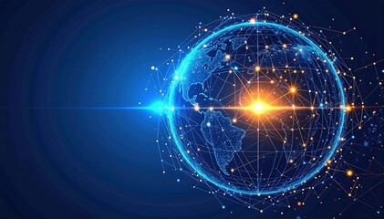 Fototapeta premium A vibrant depiction of Earth surrounded by glowing connections and dots, symbolizing global networks and communication, showcasing unity and technology.