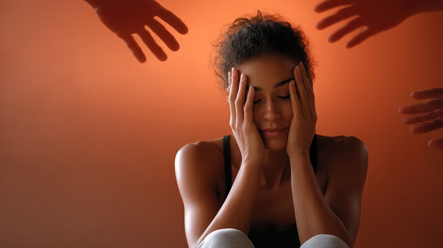 Young woman sits with hands covering her face, surrounded by reaching hands, expressing stress and emotional overwhelm
