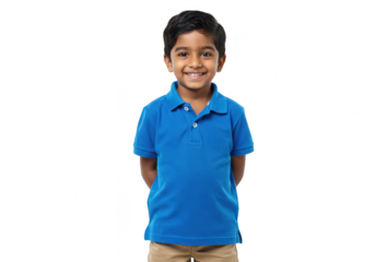 A happy young indian boy in a blue polo shirt, smiling with hands behind his back, isolated on white isolated on transparent background