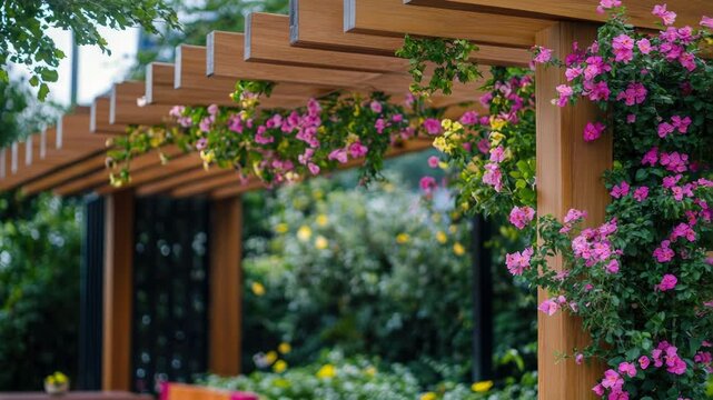 A beautiful wooden pergola covered in pink flowers, perfect for romantic getaways or garden parties