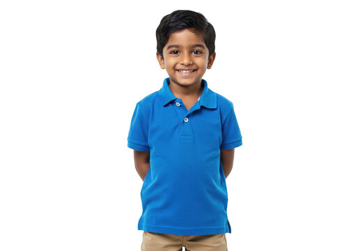 A happy young indian boy in a blue polo shirt, smiling with hands behind his back, isolated on white isolated on transparent background