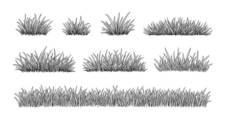Collection of hand drawn bushy grass and shrub elements for nature designs