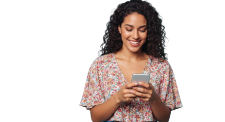Smiling woman using smartphone on white. featuring woman, female, girl and more in a creative and professional design.