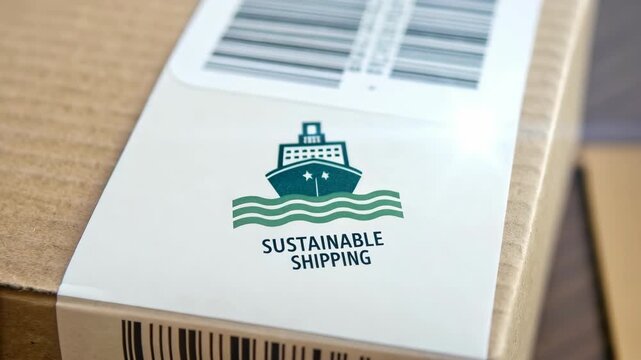 Carbon neutral shipping label cardboard box with sustainable shipping logo and barcode for eco friendly packaging and delivery