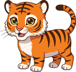 Adorable Cartoon Tiger Cub Illustration with Bright Eyes and Orange Stripes, Standing Playfully on White Background, Perfect for Children's Books and Animal-Themed Designs.