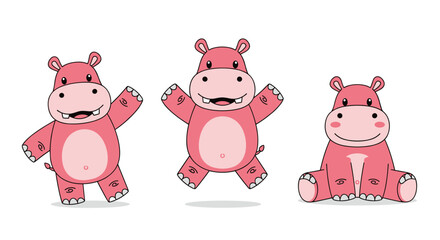 Naklejka premium Three animated pink hippopotamuses enjoying recreational activities and playful moments together