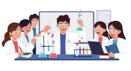 Happy Students Doing Science Experiments in Laboratory – Flat Vector Illustration