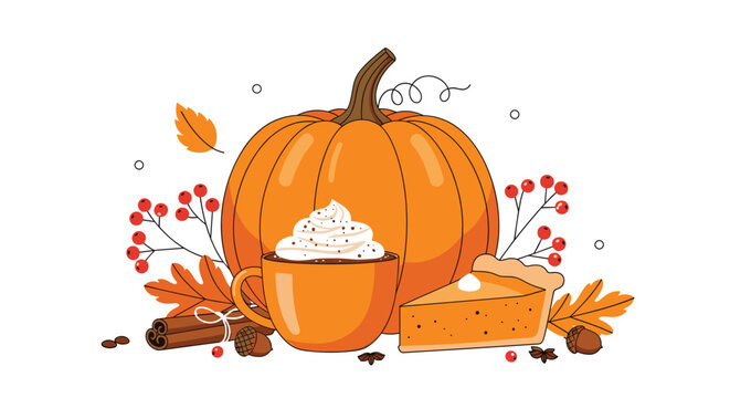Cozy autumn harvest pumpkin spice latte pie and fall decorations festive celebration - Powered by Adobe