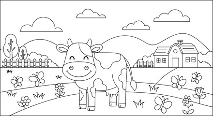 Dotted line farm scene coloring page with a happy cow and countryside landscape